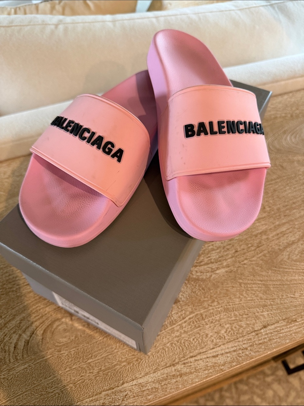 Balenciaga Pink Logo Slide Sandals with Black Raised Lettering
